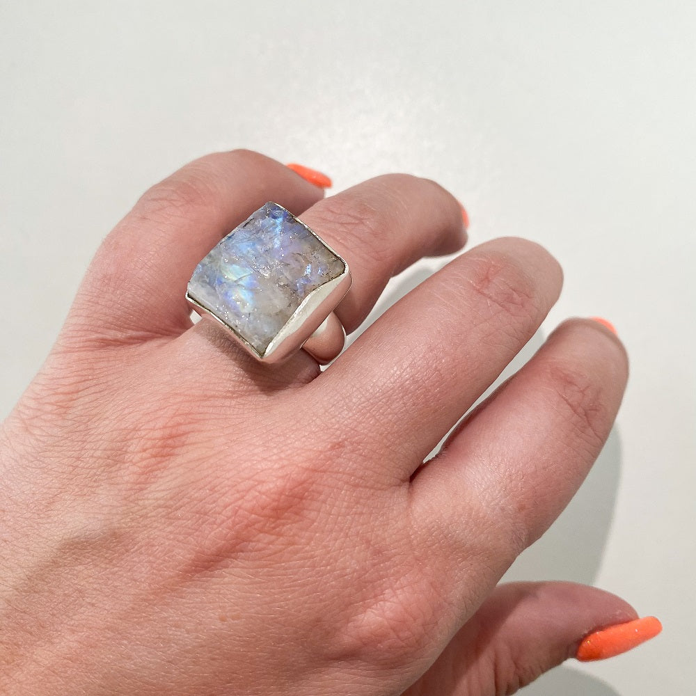 Rough Moonstone Ring - Square Size 8