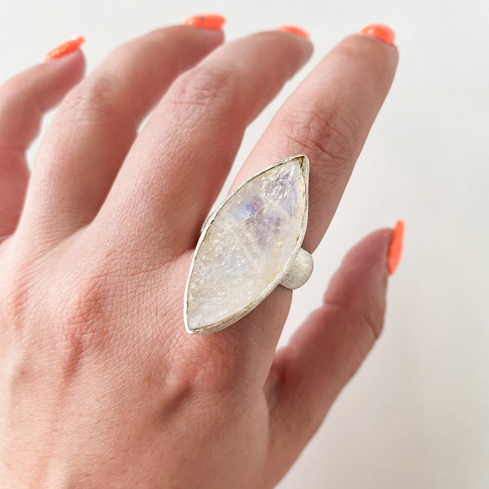 Sterling Silver Rainbow Moonstone Ring, Paisley Scroll Pattern, Cushion  Cut, Blue Flash, Statement Ring